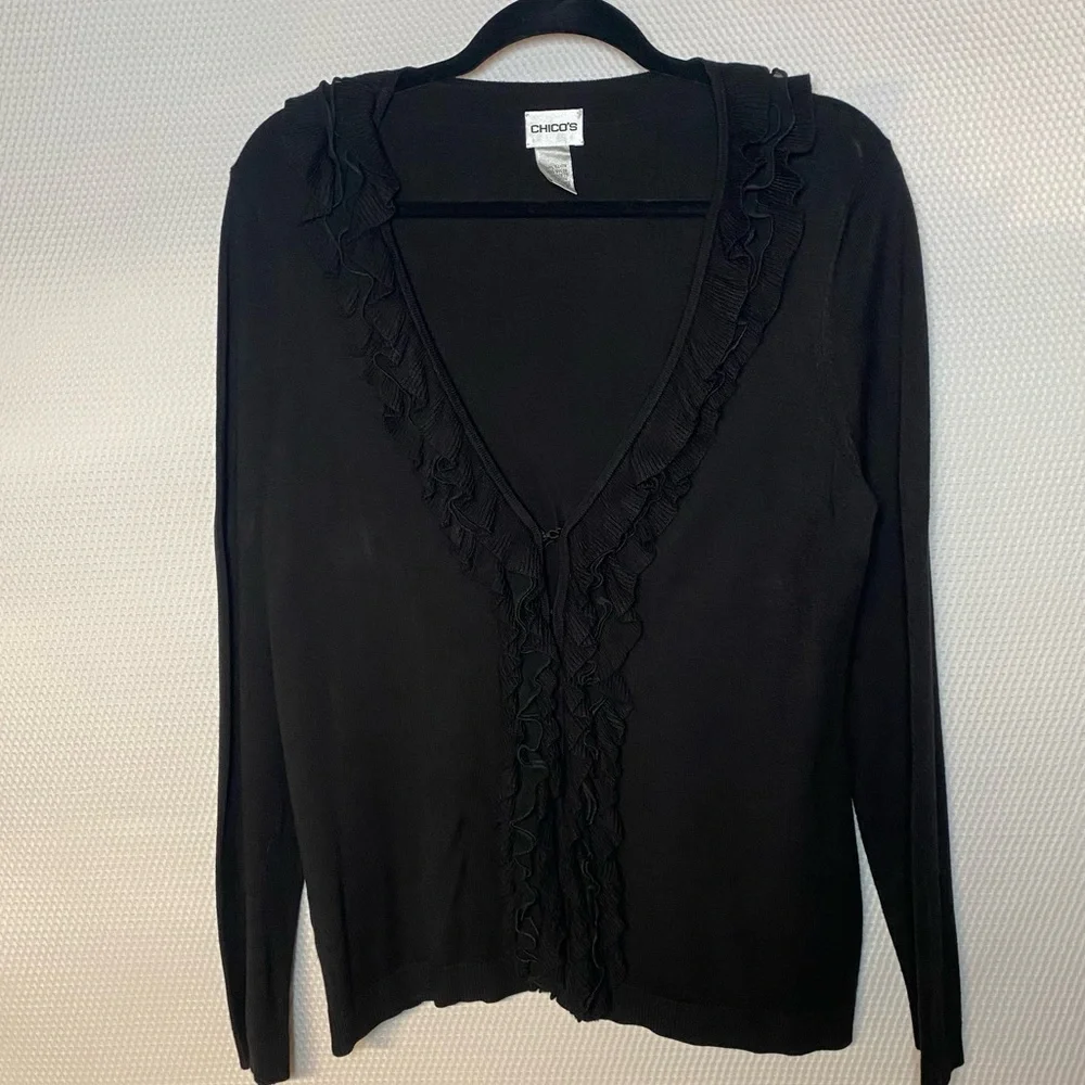 Chico’s Ruffled Black Dressy Cardigan Sweater Size 2 V-Neck Very Soft